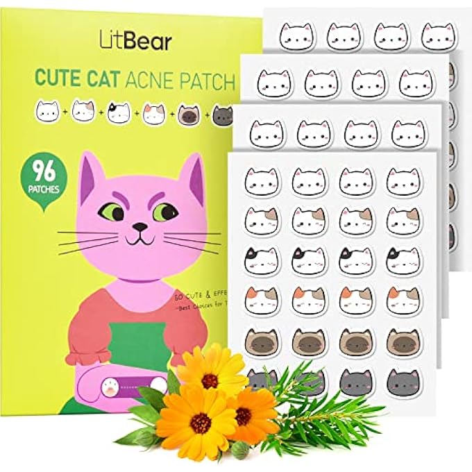 LitBear ACNE PATCH PIMPLE PATCH, CAT SHAPED ACNE ABSORBING COVER PATCH, HYDROCOLLOID ACNE PATCHES FOR FACE ZIT PATCH ACNE DOTS, TEA TREE OIL & SALICYLIC ACID, 96 PATCHES, 12MM - Image 1